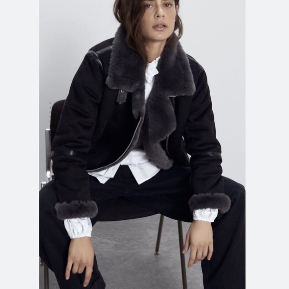Zara || Double Faced Aviator Biker Moto Jacket Faux Suede Fur Black Gray - Picture 1 of 8